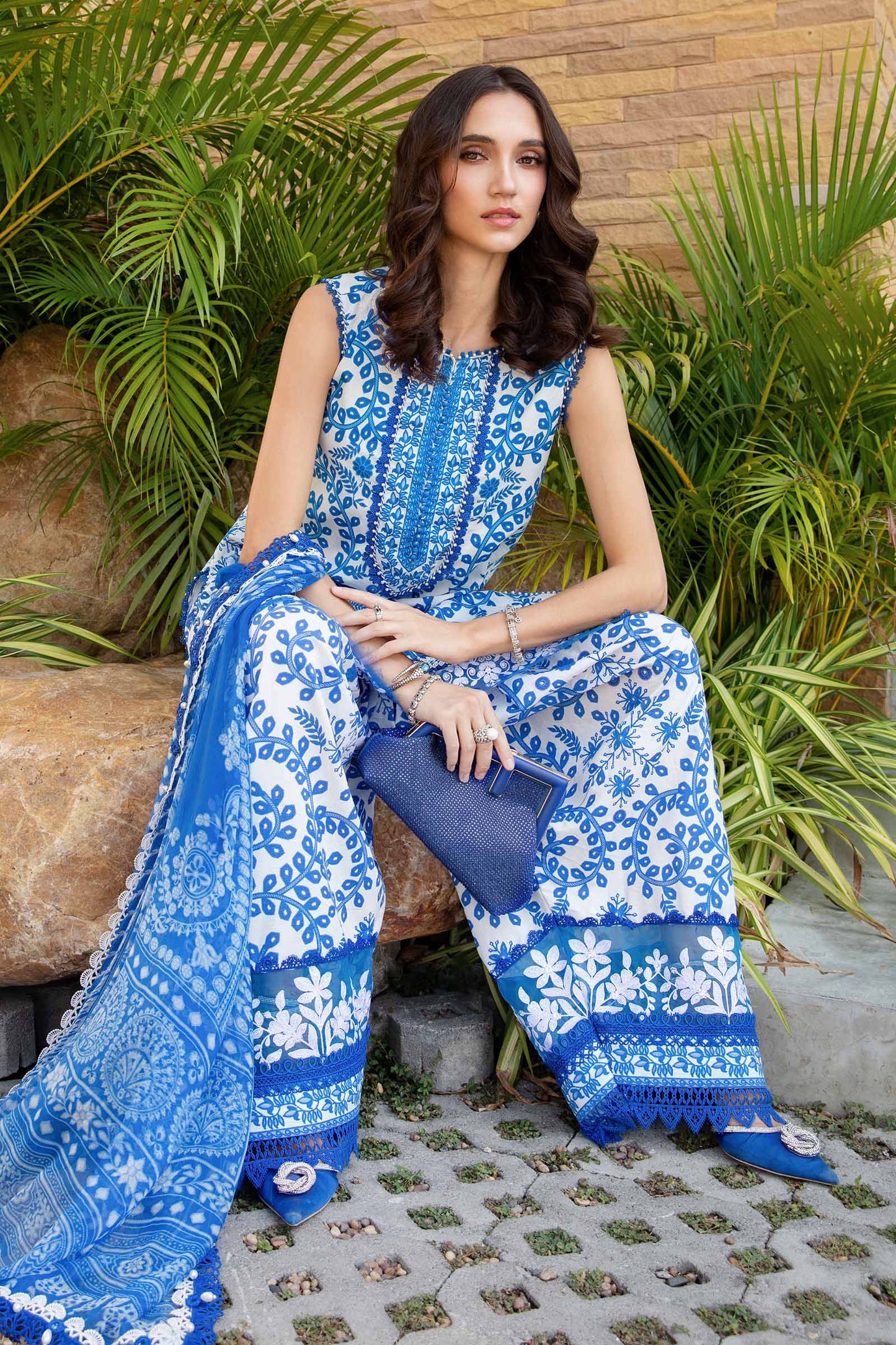 M prints blue cord set 3pice unstitched