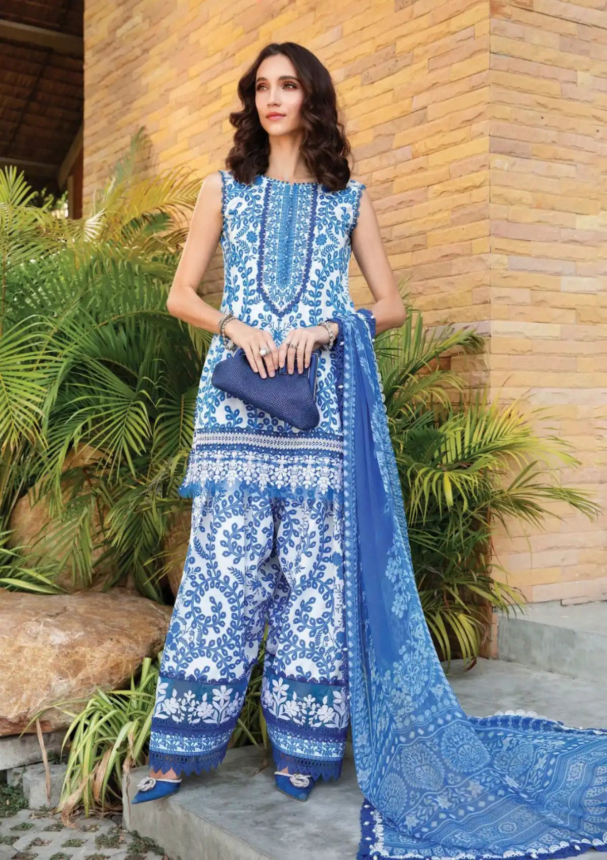 M prints blue cord set 3pice unstitched